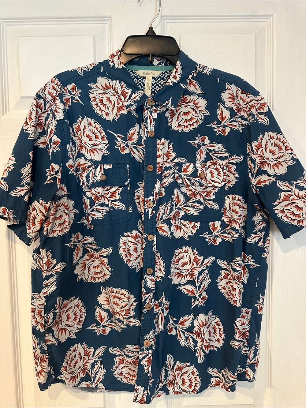 Matilda Jane Blue Short-Sleeve Button-Down with White & Rust Floral Print
